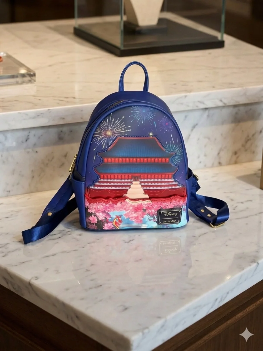 Disney Blue Mulan Temple Mini Backpack with Floral & Fireworks Art Lights Up!!!!